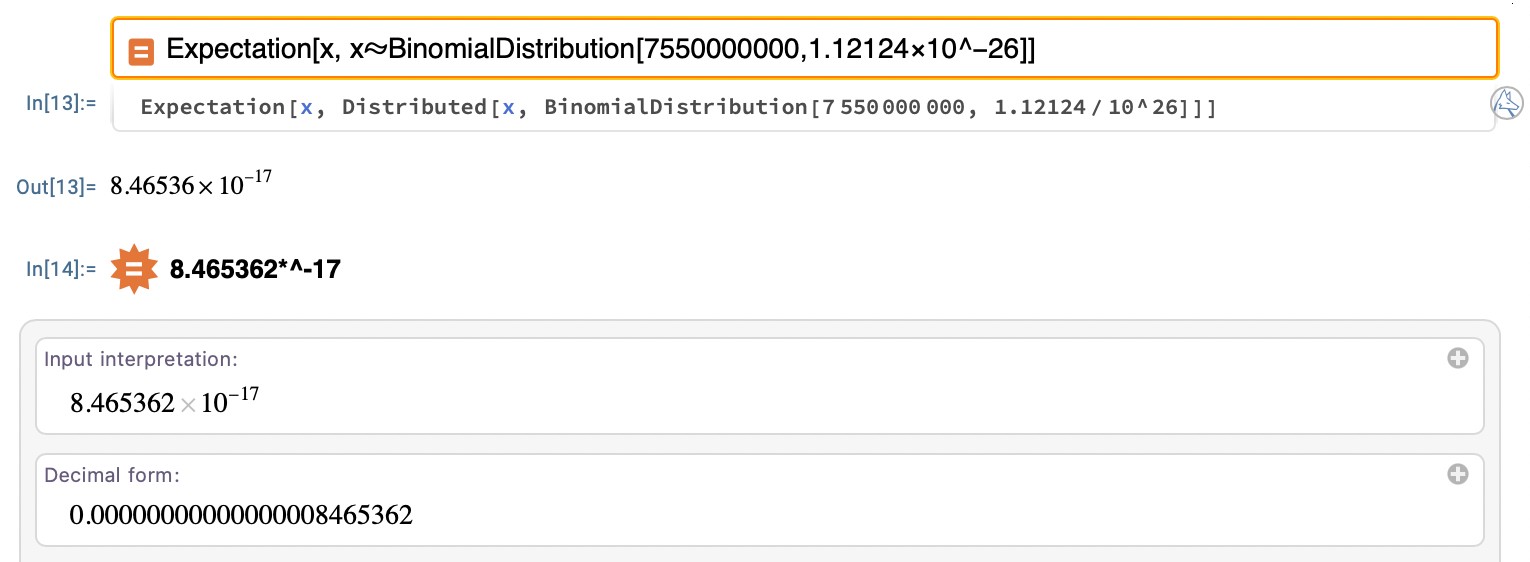 Wolfram Alpha calculation showing binomial distribution expectation